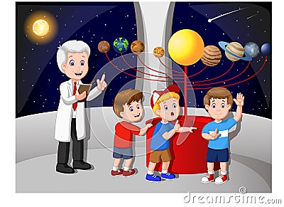 Happy Three Boys Looking the Solar System Dummy with A Scientist Cartoon Stock Photo