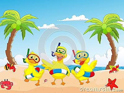 Happy three cartoon duck on the beach summer Vector Illustration