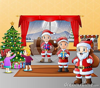 Happy three santa claus with kids decorating christmas tree Vector Illustration