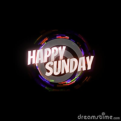 Happy Sunday Glowing Text Poster. Colorful Neon Rings & Black Background. Colorful Weekdays Design for Social Media. Stock Photo