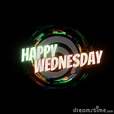 Happy Wednesday Greetings Text Post Design. Colorful Neon Rings & Black Background. Colorful Weekdays Design for Social Media. Stock Photo