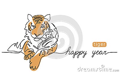 Happy tiger year. One continuous line art drawing of the tiger. Vector color illustration, greeting banner, poster Vector Illustration