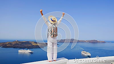 Happy time with sucessful of young man in white dress as happy freedom lifestyle in Aegean sea mediterranean Stock Photo