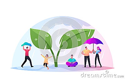 Happy Tiny Characters with Umbrellas Hide from Rain under Huge Green Plant, Cold Water Pour From Sky, Wet Rainy Weather Vector Illustration