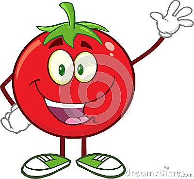 Happy Tomato Cartoon Mascot Character Waving Vector Illustration