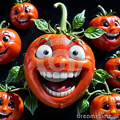 Happy tomato laughing with open eyes. Generative AI Stock Photo