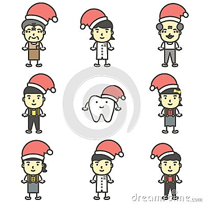 Happy tooth, dentist, boy, girl, children and senior wearing santa claus hat for Merry Christmas and Happy New Year Vector Illustration