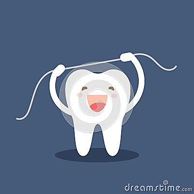 Happy tooth icon. Cute tooth characters. Brushing teeth flossing. Dental personage vector illustration. Oral hygiene Vector Illustration