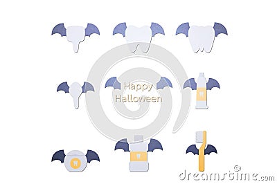 Happy tooth, toothbrush, toothpaste, mouthwash and dental floss with bat wing and vampire fang for Happy Halloween Stock Photo