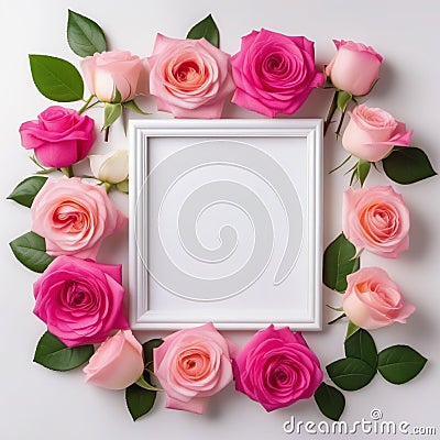 Happy top view frame and pink roses arrangement on blank paper Stock Photo