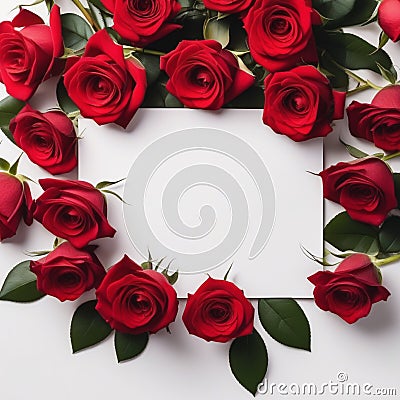 Happy top view perple frame and red roses arrangement on blank paper Stock Photo