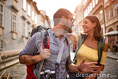 Happy tourist couple sightseeing; Traveller lifestyle Stock Photo