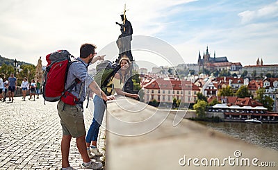 Happy tourist couple taking a selfie; Traveller lifestyle Stock Photo