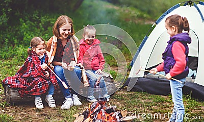 Happy tourist family on journey hike. mother and children fry sa Stock Photo