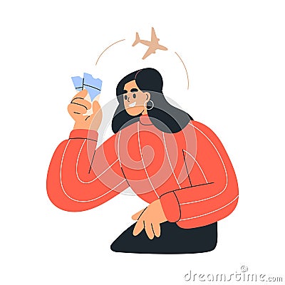 Happy tourist holding air plane tickets in hand, dreaming of airplane flight, travel. Woman passenger thinking of Vector Illustration