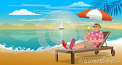 Happy tourist senior man wear beach shirt hat lie on deckchair with cocktail in hand , holiday on vacation banner. relaxing sea Cartoon Illustration