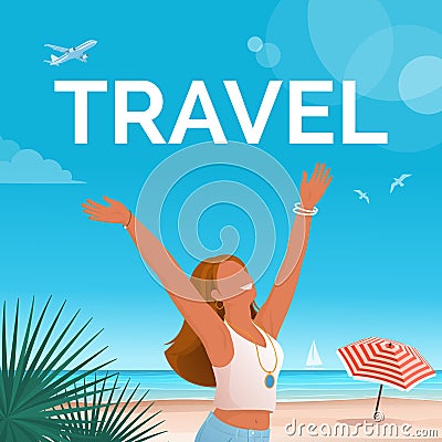 Happy tourist woman at the tropical beach Vector Illustration