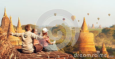 Happy tourists, friends, vacationers in the summer holidays in Asia Stock Photo