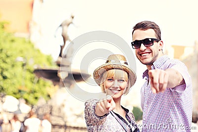 Happy tourists in Gdansk Stock Photo