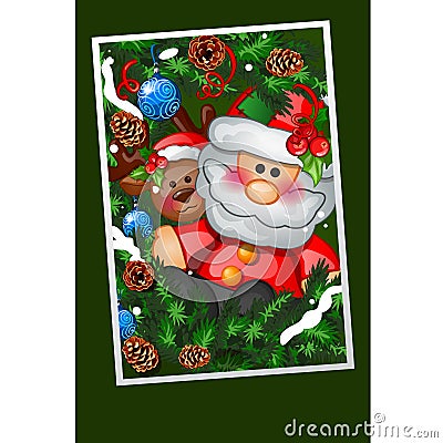 Happy toy Santa Claus with fir branches decorated with festive balls. Sample of the poster, party invitation and other Vector Illustration