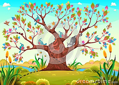 Happy tree with birds, insects and cat Vector Illustration