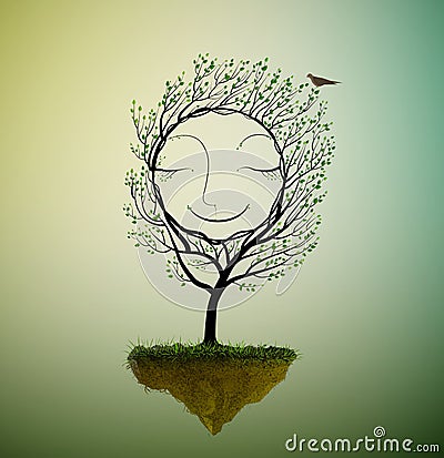 Happy tree character growing on the flying rock, smile tree in dream with bird, spring tree s dream, Vector Illustration