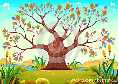 Happy tree in the countryside Vector Illustration