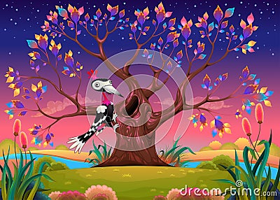 Happy tree in the countryside with woodpecker Vector Illustration