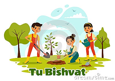 Happy Tu Bishvat Vector Illustration. Translation the Jewish New Year for Trees. Kids Planted a Tree in the Yard in Flat Cartoon Vector Illustration