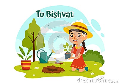 Happy Tu Bishvat Vector Illustration. Translation the Jewish New Year for Trees. Kids Planted a Tree in the Yard in Flat Cartoon Vector Illustration