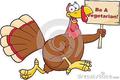 Happy Turkey Bird Character Running With A Blank Wood Sign Vector Illustration