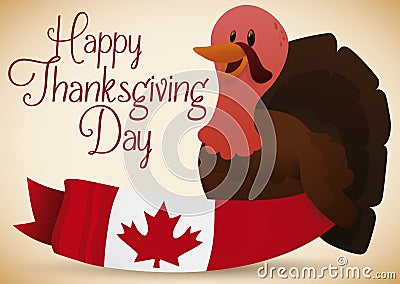 Happy Turkey with a Canadian Ribbon Celebrating Thanksgiving Day, Vector Illustration Vector Illustration