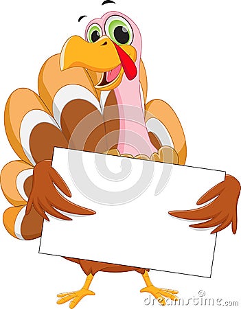 Happy turkey cartoon with blank sign Vector Illustration