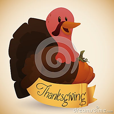 Happy Turkey with Pumpkin and Thanksgiving Ribbon, Vector Illustration Vector Illustration