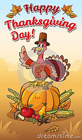 Happy thanksgiving day illustration.Turkey in pilgrim hat on the pumpkin with vegetables and fruits. Vector Illustration