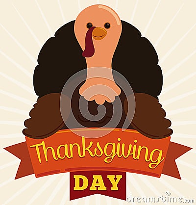 Happy Turkey with Ribbons for Thanksgiving Day in Flat Style, Vector Illustration Vector Illustration