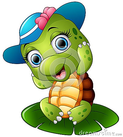 Happy turtle with blue cap on the lotus leaf Vector Illustration