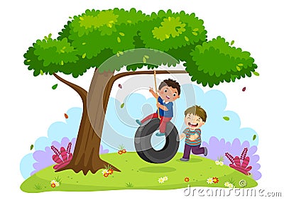 Happy two boys playing tire swing under the tree Vector Illustration