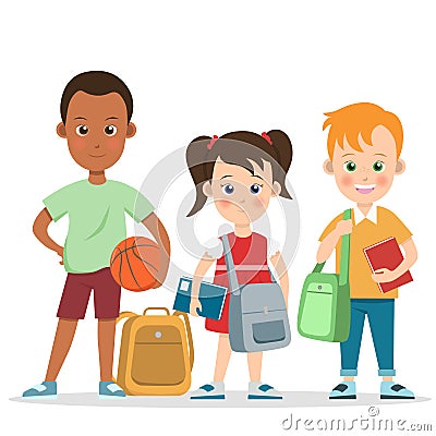 happy two little boys and a girl kids children wearing school bag basketball ball and book Vector Illustration