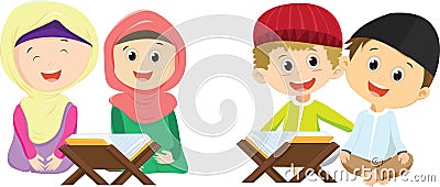 Happy two Muslim girls reading Quran together Vector Illustration