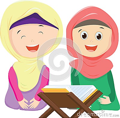 Happy two Muslim girls reading Quran together Vector Illustration