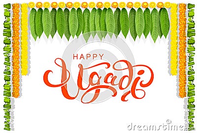 Happy ugadi floral leaf garland text greeting card Vector Illustration