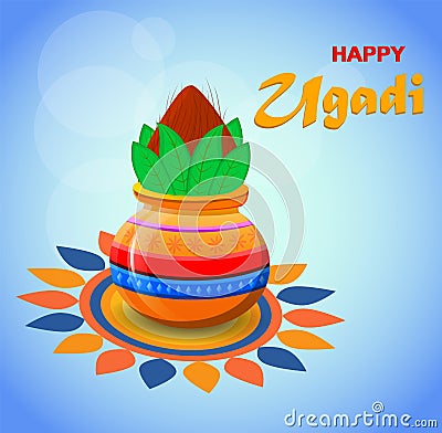 Happy Ugadi and Gudi Padwa Hindu New Year. Greeting card for holiday. Colored pot with coconut on beautiful light blue blurred bac Vector Illustration