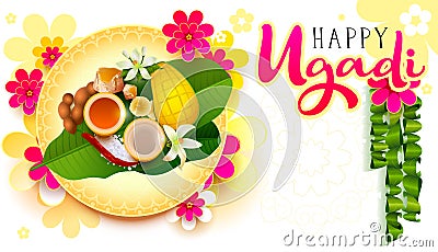 Happy Ugadi indian holiday text lettering greeting card. Traditional festive food for ugadi religious holiday salt sugar Cartoon Illustration