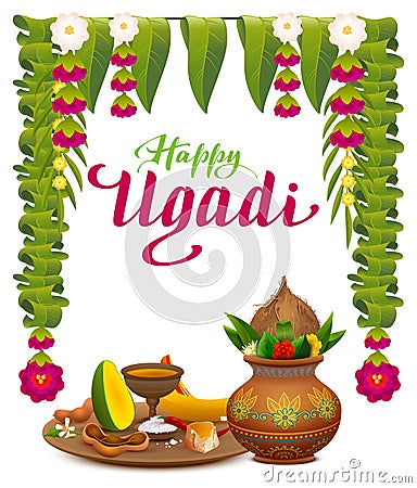 Happy Ugadi indian new year. Text lettering greeting card. Traditional holiday food mango, sugar, tamarind, salt, pepper Vector Illustration