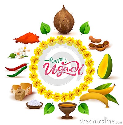 Happy Ugadi lettering text. Set of accessories food. Coconut, sugar, salt, pepper, banana, mango Vector Illustration