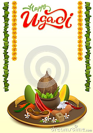 Happy Ugadi lettering text. Set Holiday accessories. Coconut, sugar, salt, pepper, banana, mango Vector Illustration