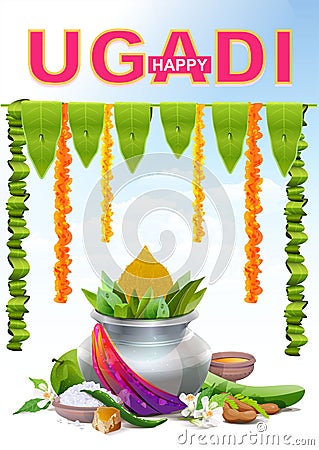 Happy Ugadi. Template greeting card for holiday Ugadi. Silver pot Vector Illustration
