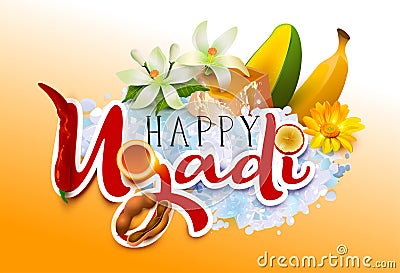 Happy Ugadi. Template greeting card traditional festive Indian food Vector Illustration