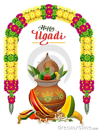 Happy Ugadi text greeting card. Traditional food Indian New Year symbol Vector Illustration